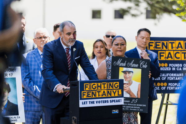 Placer County District Attorney Morgan Gire speaks at a press conference where California Assemblymembers, law enforcement officials, and local representatives propose to put stricter fentanyl enforcement on the upcoming 2024 ballot, in front of the Capitol in Sacramento on June 6, 2023. (Courtesy of Assembly Republican Caucus)