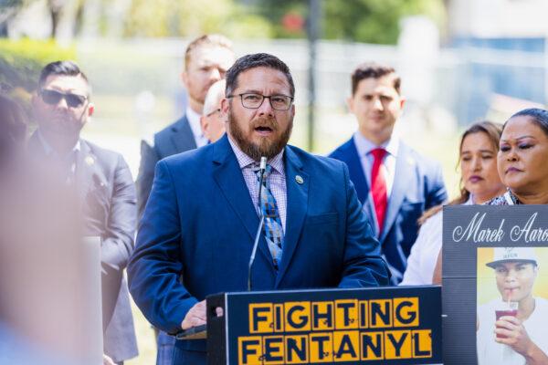 California Assemblyman Juan Alanis, R-Modesto, speaks at a press conference where California Assemblymembers, law enforcement officials, and local representatives propose to put stricter fentanyl enforcement on the upcoming 2024 ballot, in front of the Capitol in Sacramento on June 6, 2023. (Courtesy of Assembly Republican Caucus)