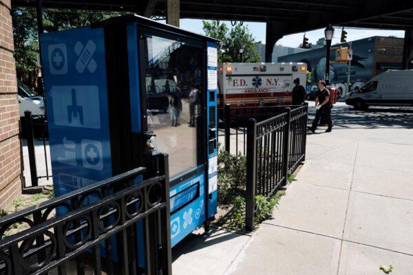 A new vending machine in Brooklyn that will disperse fentanyl test strips and naloxone as well as hygiene kits, maxi pads, vitamin C, and COVID-19 tests for free in New York on June 5, 2023. (Spencer Platt/Getty Images)