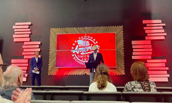 Temecula Valley Unified School Board President Joseph Komrosky speaks at a press conference in Murietta, Calif., on June 6, 2023. (Micaela Ricaforte/The Epoch Times)