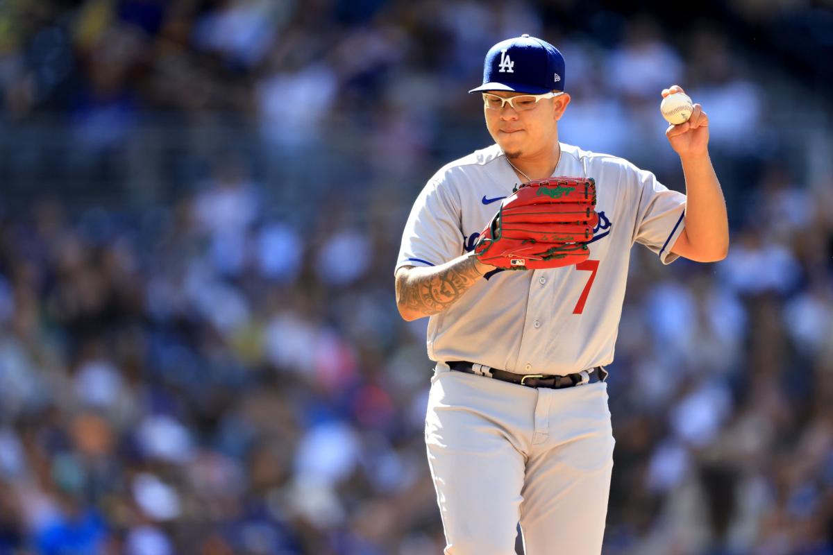 Julio Urias (7) of the Los Angeles Dodgers pitches during the first inning of a game against the San Diego Padres at PETCO Park in San Diego on May 7, 2023. (Sean M. Haffey/Getty Images)