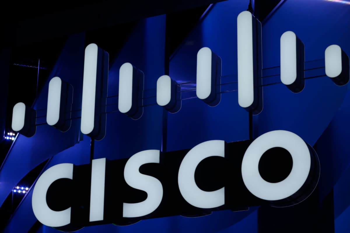 The logo of Cisco at the Mobile World Congress (MWC) in Barcelona on Feb. 26, 2018. (PAU BARRENA/AFP via Getty Images)