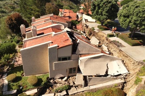 This photo shot with a drone shows damage from earth movement to a property in Rolling Hills Estates, Calif., July 10, 2023. (Ted Soqui via AP)