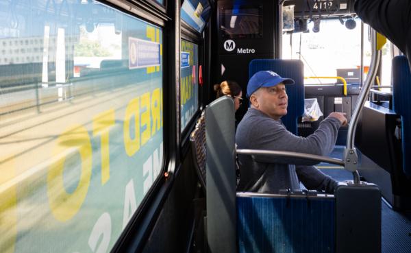 Former Los Angeles Sheriff Alex Villanueva uses the Los Angeles Metro system in Los Angeles on April 19, 2023. (John Fredricks/The Epoch Times)