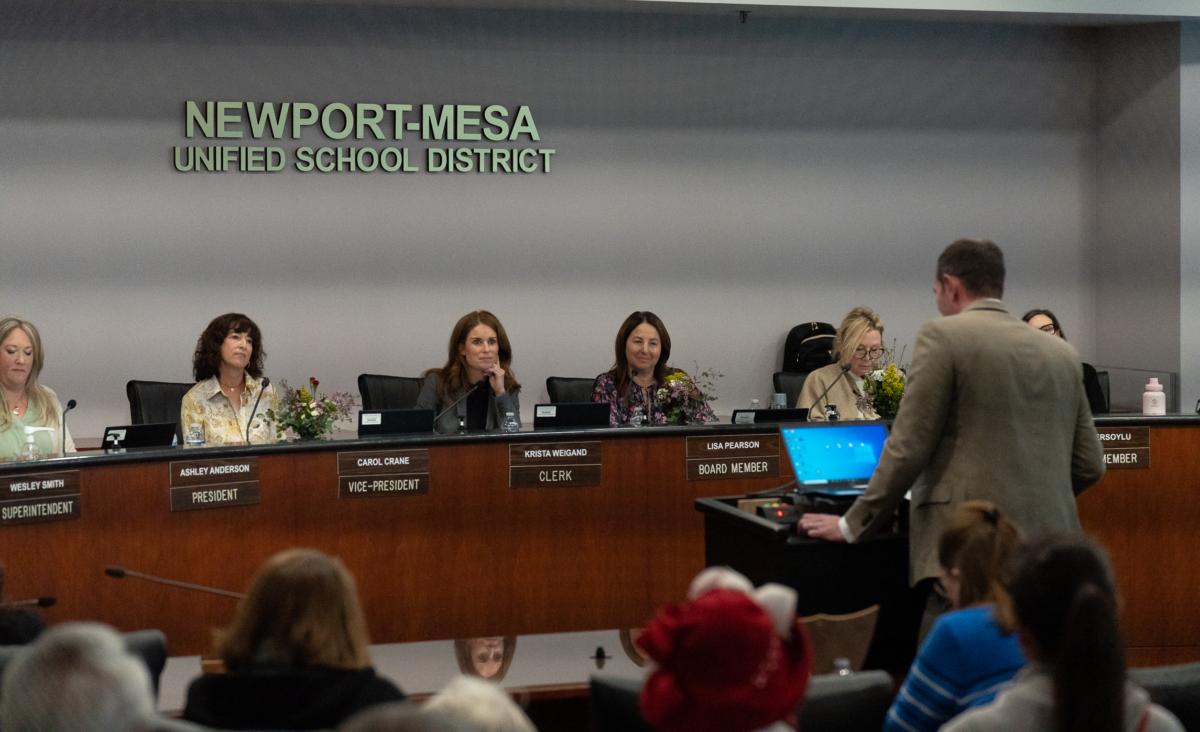 Students and parents attend a Newport Mesa Unified School District meeting in Costa Mesa, Calif., on March 28, 2023. (John Fredricks/The Epoch Times)
