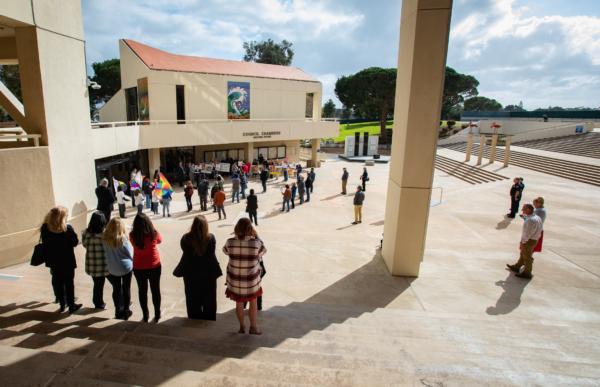 Huntington Beach city offiicials gather with residents to share about housing issues with the the state in Huntington Beach, Calif., on Feb. 14, 2023. (John Fredricks/The Epoch Times)