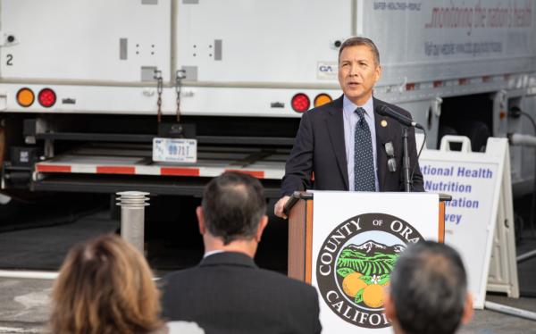 O.C. Supervisor Vicente Sarmiento speaks in front of a National Health and Nutrition Examination Survey CDC site at the Orange County fairgrounds in Costa Mesa, Calif., on Feb. 3, 2023. (John Fredricks/The Epoch Times)