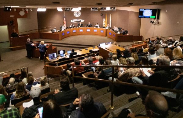 Residents gather for a city council meeting at the Huntington Beach Civic Center in Huntington Beach, Calif., on Jan. 17, 2023. (John Fredricks/The Epoch Times)