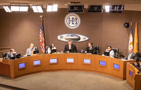 The Huntington Beach city council conducts a meeting at the Civic Center chambers in Huntington Beach, Calif., on Jan. 17, 2023. (John Fredricks/The Epoch Times)