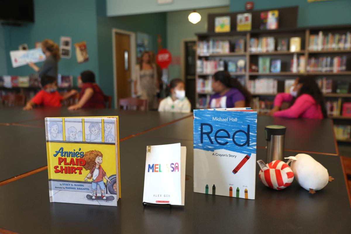 Donated LGBT books are displayed in the library at Nystrom Elementary School in Richmond, Calif., on May 17, 2022. (Justin Sullivan/Getty Images)