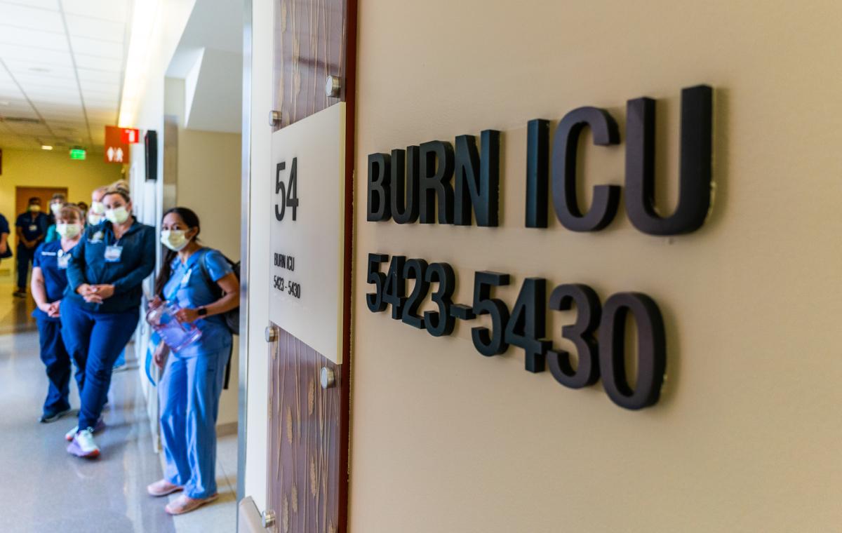 Nurses wait outside the Burn Recovery area of UCI Medical Center in Orange, Calif., on April 13, 2022. (John Fredricks/The Epoch Times)