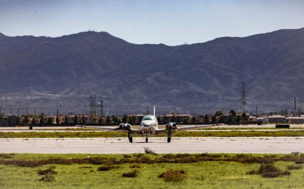 A single turboprop aircraft awaits flight at Chino Airport in Chino, Calif., on Jan. 26, 2022. (John Fredricks/The Epoch Times)