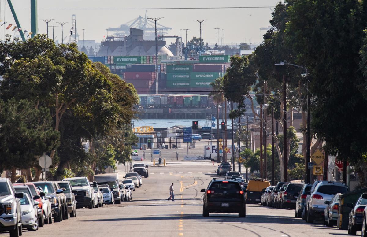 Shipping containers wait to be transferred from the ports of Los Angeles and Long Beach on Oct. 14, 2021. (John Fredricks/The Epoch Times)