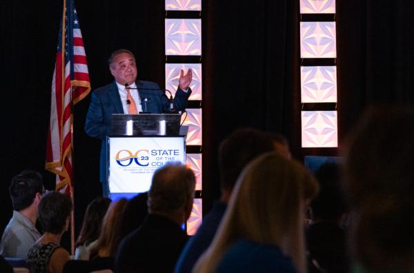 County Executive Officer Frank Kim speaks at the 1st Annual State of the County Luncheon in Newport Beach, Calif., on July 19, 2023. (John Fredricks/The Epoch Times)