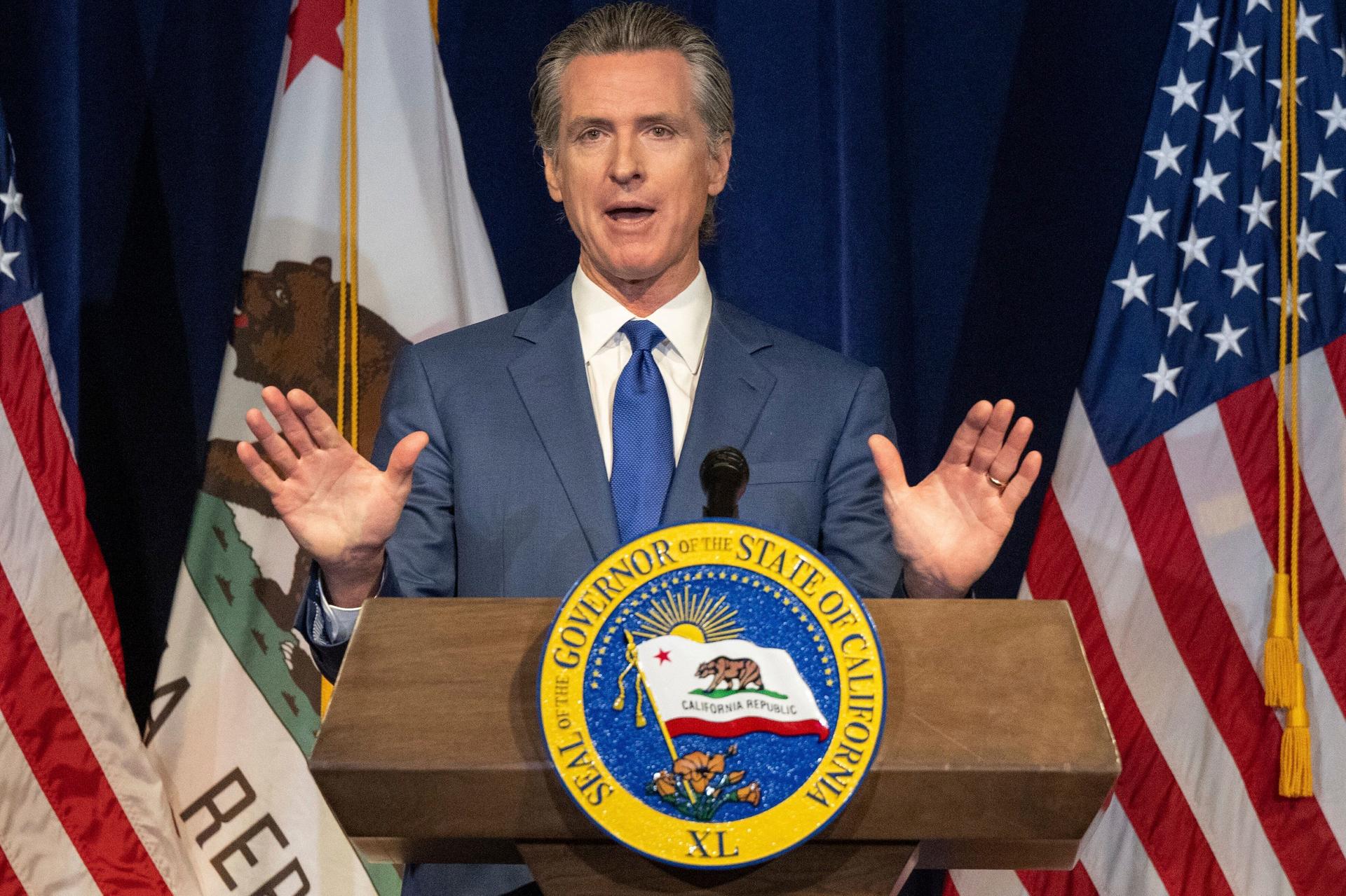California Gov. Gavin Newsom speaks during a news conference in Sacramento, Calif., on May 12, 2023. (Hector Amezcua/The Sacramento Bee via AP)