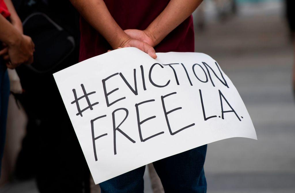 Renters and housing advocates attend a protest to cancel rent and avoid evictions amid the pandemic in Los Angeles on Aug. 21, 2020. (Valerie Macon/AFP via Getty Images)