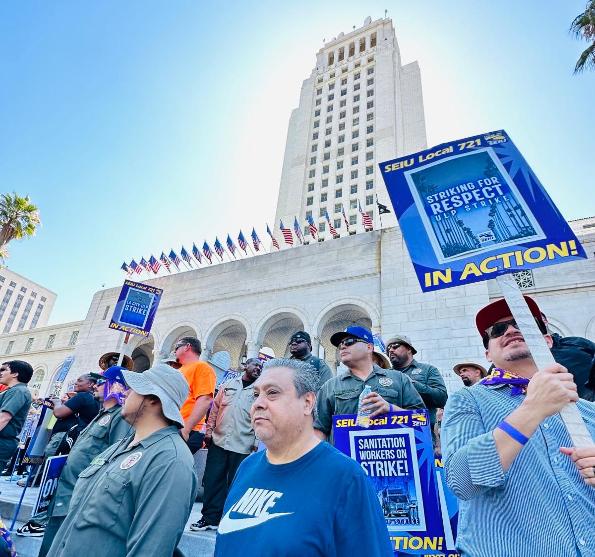 Thousands of unionized Los Angeles city workers walked off their jobs for a one-day strike in Los Angeles on Aug. 8, 2023. (Jill McLaughlin/The Epoch Times)