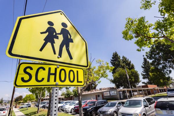 A school sign in a file photo in Orange, Calif., on Aug. 15, 2023. (John Fredricks/The Epoch Times)