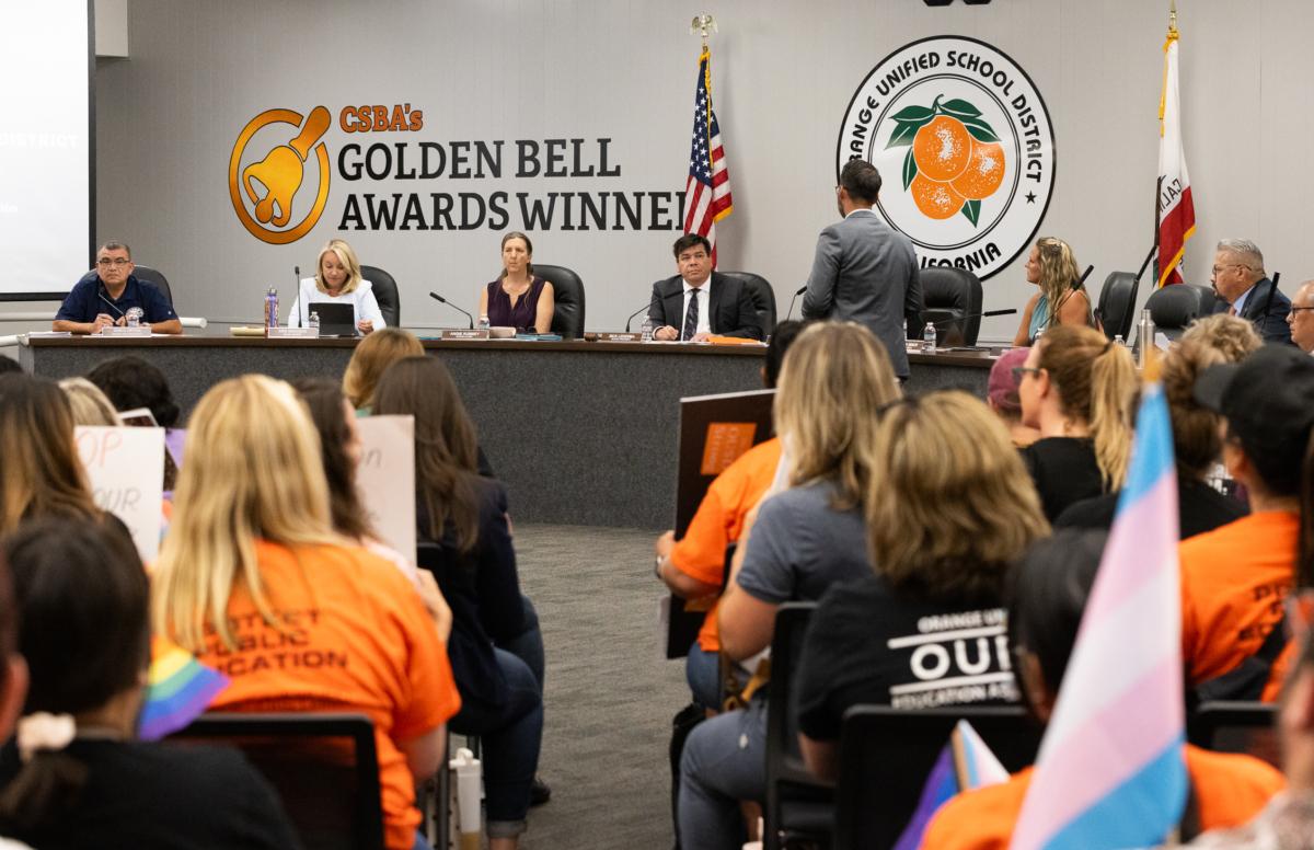 An Orange Unified School District board meeting in Orange, Calif., on Aug. 17, 2023. (John Fredricks/The Epoch Times)