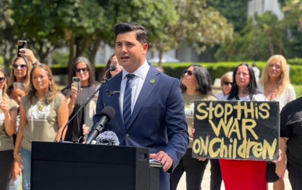 Assemblyman Bill Essayli speaks at a press conference outside the California state Capitol in Sacramento on Aug. 14, 2023. (Courtesy of California Family Council)