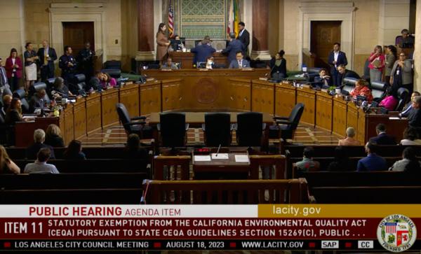 Los Angeles City Council in a meeting in Los Angeles on Aug. 18, 2023. (Youtube/Screenshot via The Epoch Times)