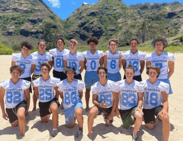 Villa Park High School football team's Spencer Jarrell (6) poses for a group photo with fellow wide receivers during a season-opening trip in Oahu, Hawaii, on Aug. 11, 2023. (Courtesy of Dusan Ancich via Instagram/Screenshot via The Epoch Times)