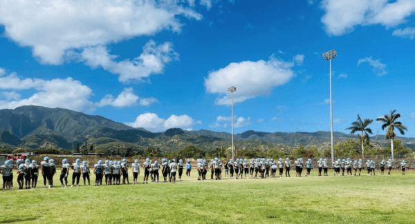 Villa Park High School football team at practice during its season-opening trip in Oahu, Hawaii, on Aug. 9, 2023. (Courtesy of Dusan Ancich via Instagram/Screenshot via The Epoch Times)