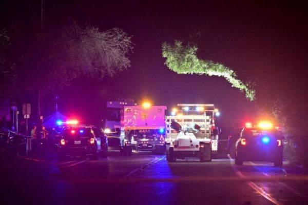 Police and emergency vehicles are seen after a shooting at "Cook's Corner" bar in Trabuco Canyon, Calif., on Aug. 23, 2023. (Frederic J. Brown/AFP via Getty Images)
