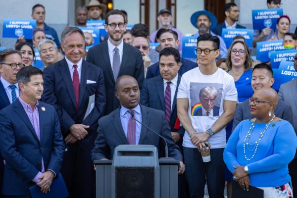 California State Superintendent of Public Instruction Tony Thurmond speaks at the State Capitol against California school districts’ parental notification policy for transgender students in Sacramento, Calif., on Aug. 29, 2023. (John Fredricks/The Epoch Times)