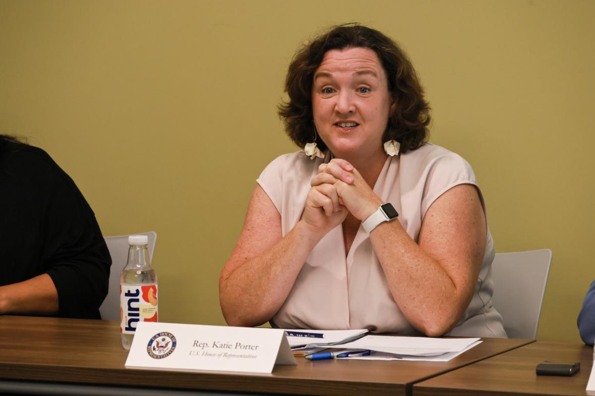 House Rep. Katie Porter (D-Calif.) speaks at a gathering with local leaders and mental health professionals at the Be Well OC offices in Orange, Calif., on Aug. 31, 2023. (John Fredricks/The Epoch Times)