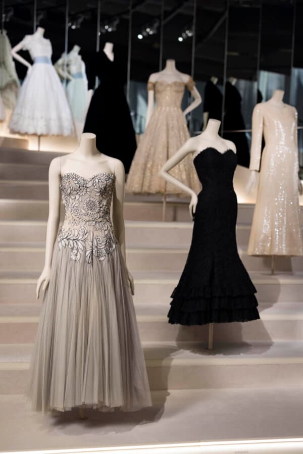 Evening dresses line the mirrored staircase in the “Gabrielle Chanel. Fashion Manifesto” at the Victoria and Albert Museum in London. Chanel had a similar staircase in her couture house, and for each showing of her collection she’d sit on the stairs and watch her dresses being shown below. (David Parry/V&A)