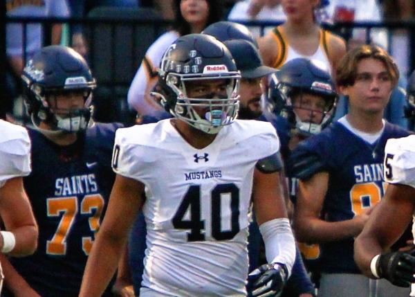 Trabuco Hills High School's outside linebacker Jalen McDowell (40) during a game at Crean Lutheran in Irvine, Calif., on Sept. 1, 2023. (Robin Gray Photography)