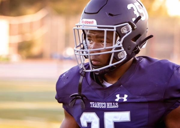 Trabuco Hills High School's running back Taylor Bowie (35) during a home game against Huntington Beach in Mission Viejo, Calif., on Aug. 24, 2023. (Robin Gray Photography)