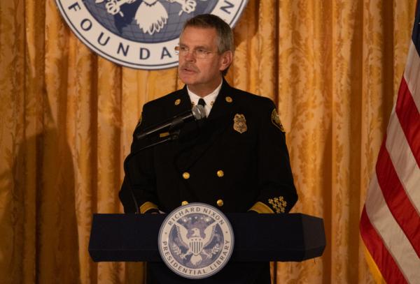 Orange County Fire Authority Chief Brian Fennessy speaks at a ceremony in honor of 9/11 victims at the Nixon Library in Yorba Linda, Calif., on Sept. 11, 2023. (John Fredricks/The Epoch Times)