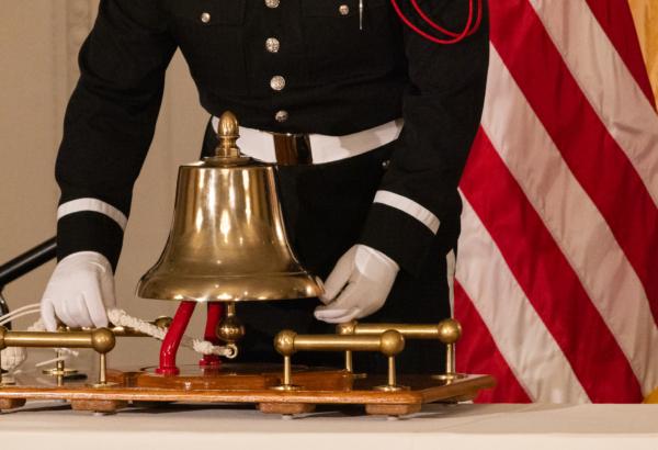 Orange County Fire Authority firefighters conduct a bell-ringing ceremony in honor of 9/11 victims at the Nixon Library in Yorba Linda, Calif., on Sept. 11, 2023. (John Fredricks/The Epoch Times)