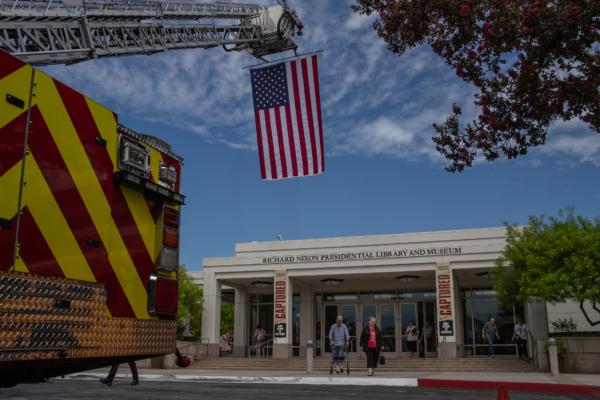 People walk out of the Nixon Library after a ceremony honoring 9/11 victims in Yorba Linda, Calif., on Sept. 11, 2023. (John Fredricks/The Epoch Times)