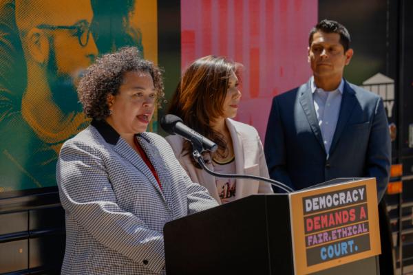 California Assembly member Mia Bonta speaks at a "Just Majority" nationwide bus tour press conference to call for reforms to the U.S. Supreme Court in Sacramento, Calif., on May 16, 2023. (Kimberly White/Getty Images for Demand Justice)