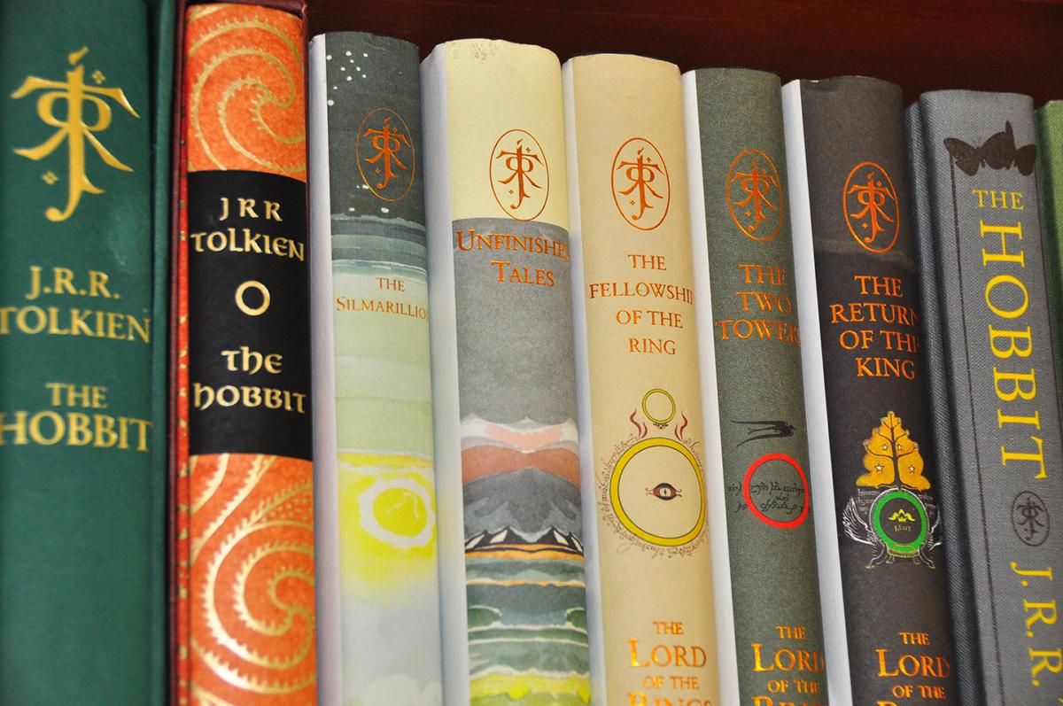 A collection of Tolkien's "The Hobbit" and its sequel "The Lord of the Rings," including first edition Hobbit book, "The Hobbit: or There and Back Again" from 1937. (Eeli Purola/Shutterstock)