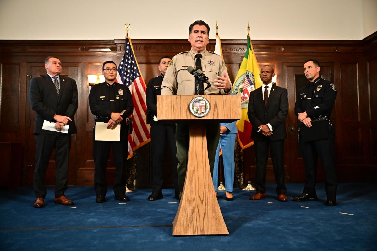 Los Angeles County Sheriff, Robert Luna, speaks during a press conference to announce new efforts to curb recent retail thefts, at City Hall in Los Angeles, California, on Aug. 17, 2023. (Frederic J. Brown/AFP via Getty Images)
