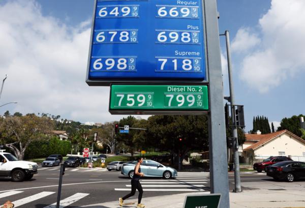 Gas prices are displayed at a Chevron station in Los Angeles on Sept. 19, 2023. (Mario Tama/Getty Images)