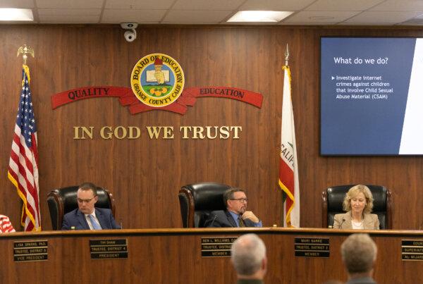 Trustees listen to guest speakers at the Orange County Board of Education building in Costa Mesa, Calif., on September 20, 2023. (John Fredricks/The Epoch Times)