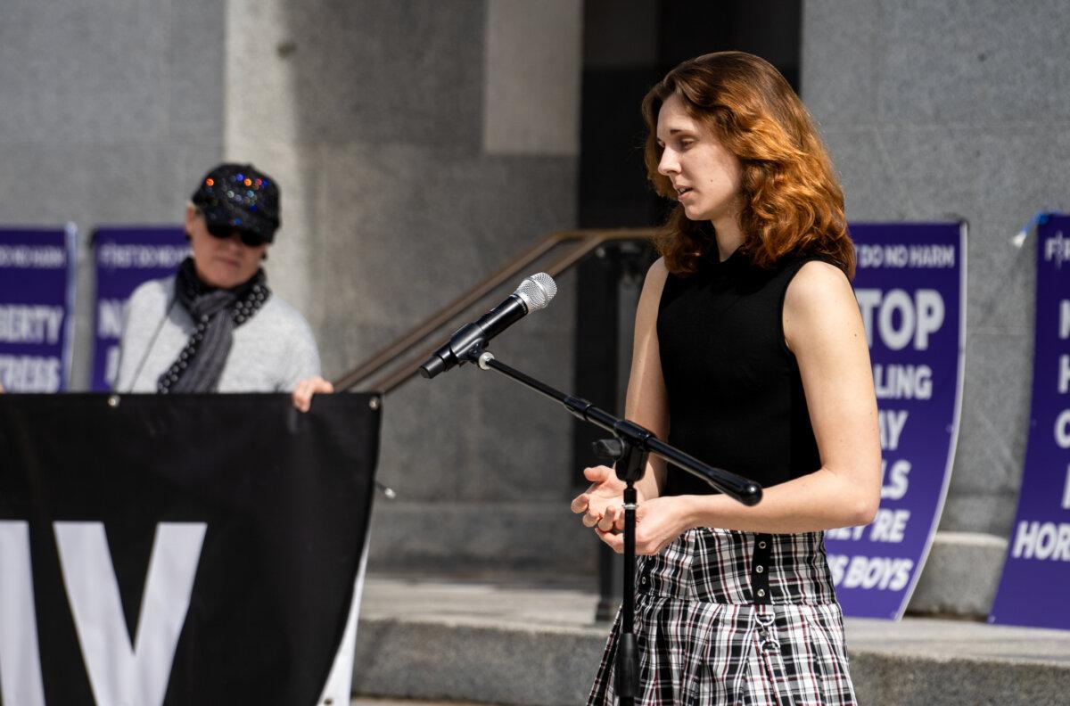 Detransitioner Luka Hein speaks at the California Capitol building in Sacramento, Calif., on March 28, 2023. (John Fredricks/The Epoch Times)