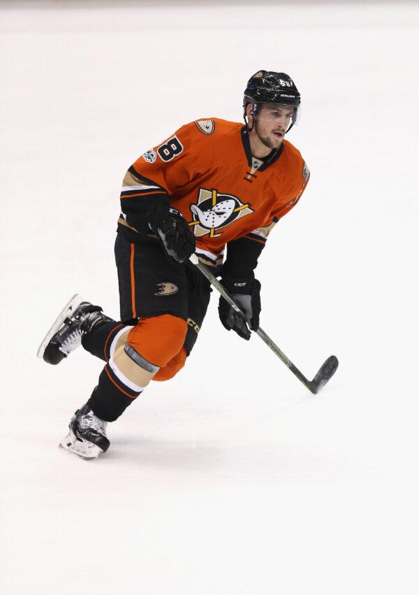 Nicolas Kerdiles (58) of the Anaheim Ducks skates prior to a game against the Boston Bruins at Honda Center in Anaheim, Calif., on Feb. 22, 2017. (Sean M. Haffey/Getty Images)