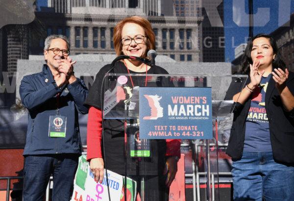 Maria Elena Durazo speaks onstage at the 2019 Women's March in Los Angeles on Jan. 19, 2019. (Araya Diaz/Getty Images for Women's March Los Angeles)