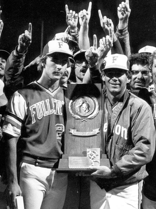 Cal State Fullerton's 1979 national championship baseball team holds their trophy. (Courtesy of Cal State Fullerton)