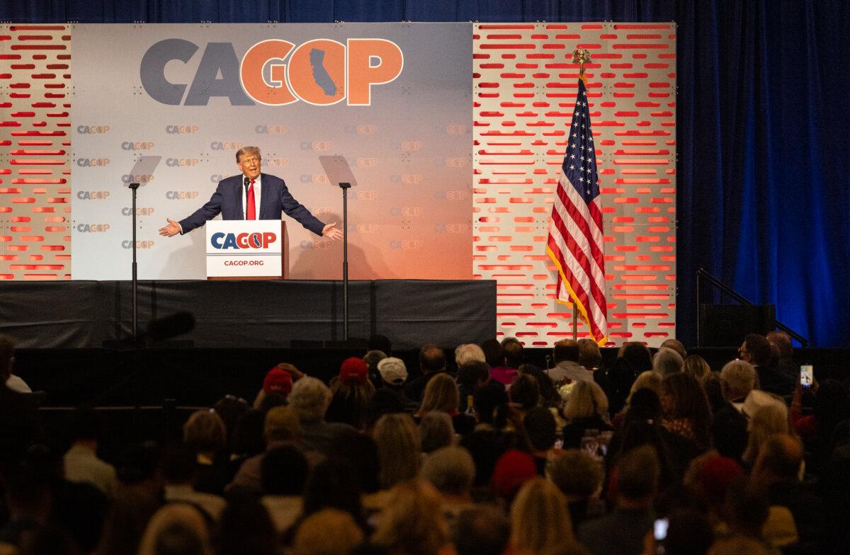Former president and presidential candidate Donald Trump speaks at the CA GOP convention in Anaheim, Calif., on Sept. 29, 2023. (John Fredricks/The Epoch Times)