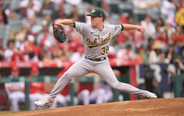 Oakland Athletics starting pitcher JP Sears delivers during the first inning of a baseball game against the Los Angeles Angels in Anaheim, Calif., on Oct. 1, 2023. (John McCoy/AP Photo)