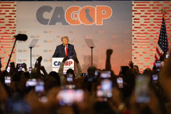 Former president and presidential candidate Donald Trump speaks at the CA GOP convention in Anaheim, Calif., on Sept. 29, 2023. (John Fredricks/The Epoch Times)