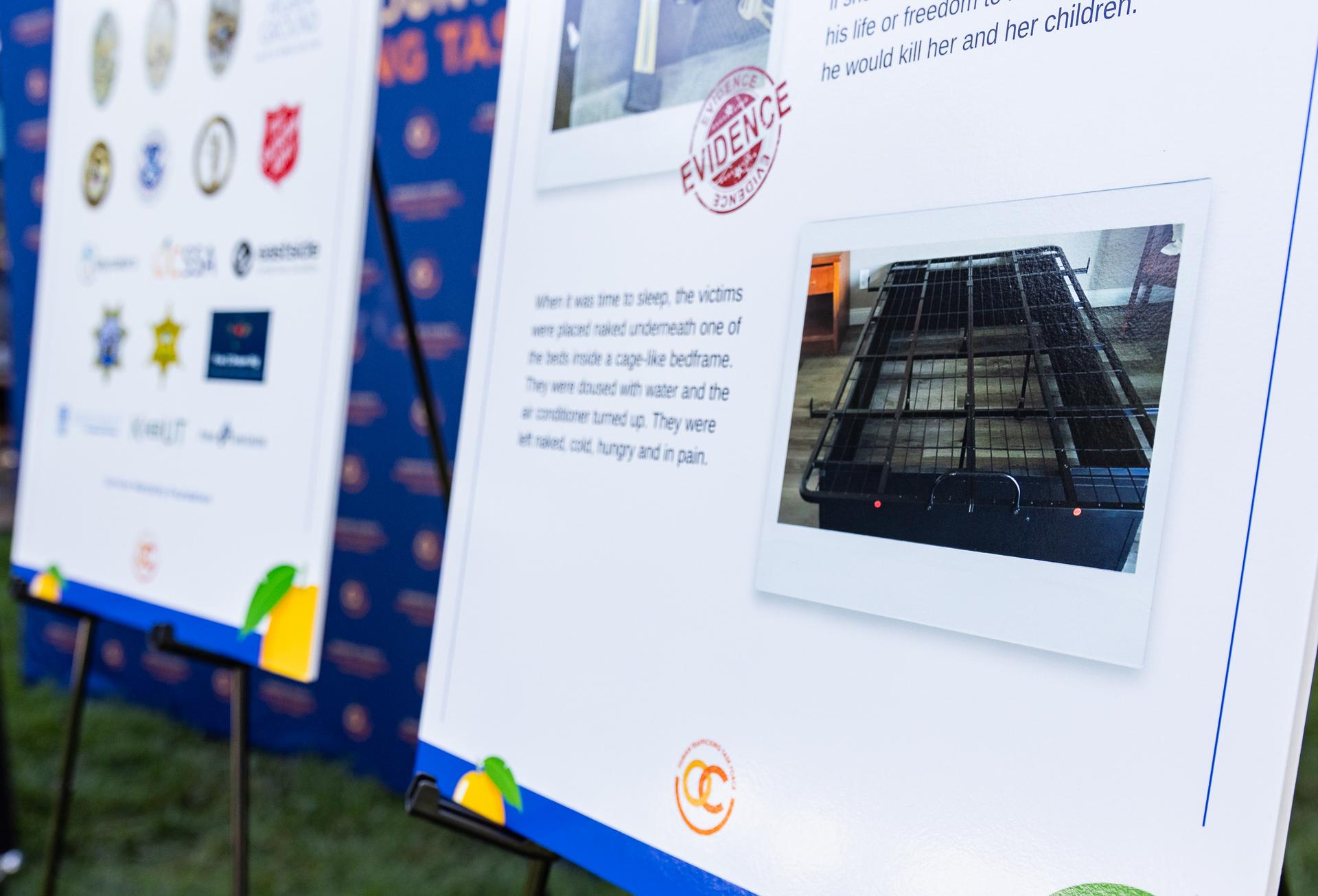Photographic evidence of human sex trafficking sits on the display at the release of the Orange County Human Trafficking Task Force’s 2023 Human Trafficking Victim Report in Irvine, Calif., on Oct. 3, 2023. (John Fredricks/The Epoch Times)