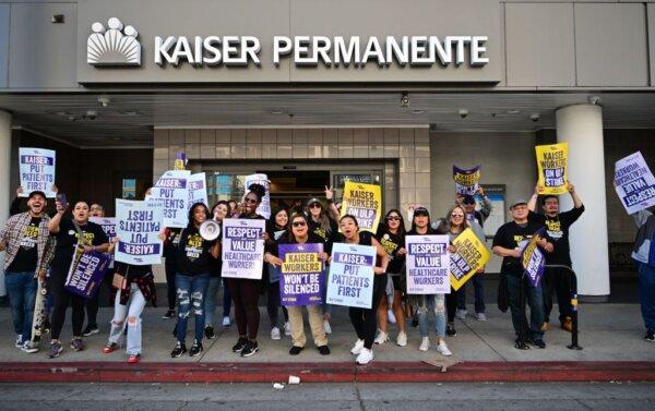 Kaiser Permanente health care employees, joined by Union members representing the workers, walk the picket line in Los Angeles during the start of a three-day strike on Oct. 4, 2023. (Frederic J. Brown/AFP via Getty Images)